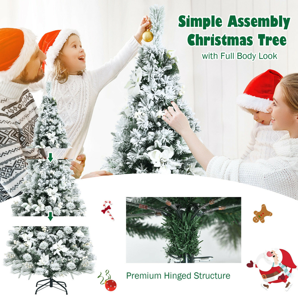 6ft Artificial Snow Flocked Christmas Tree with Berries & Poinsettia, Hinged Branch Holiday Tree for Indoor Winter
