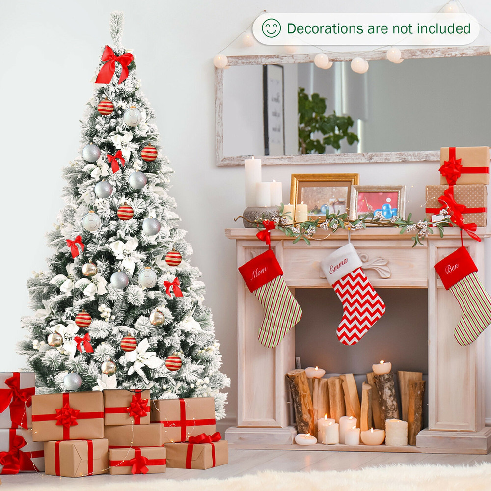 6ft Artificial Snow Flocked Christmas Tree with Berries & Poinsettia, Hinged Branch Holiday Tree for Indoor Winter