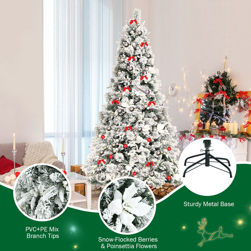 7 Feet Snow Flocked Christmas Tree with Poinsettia Flowers, White Berries, Realistic Full Artificial Tree for Decor