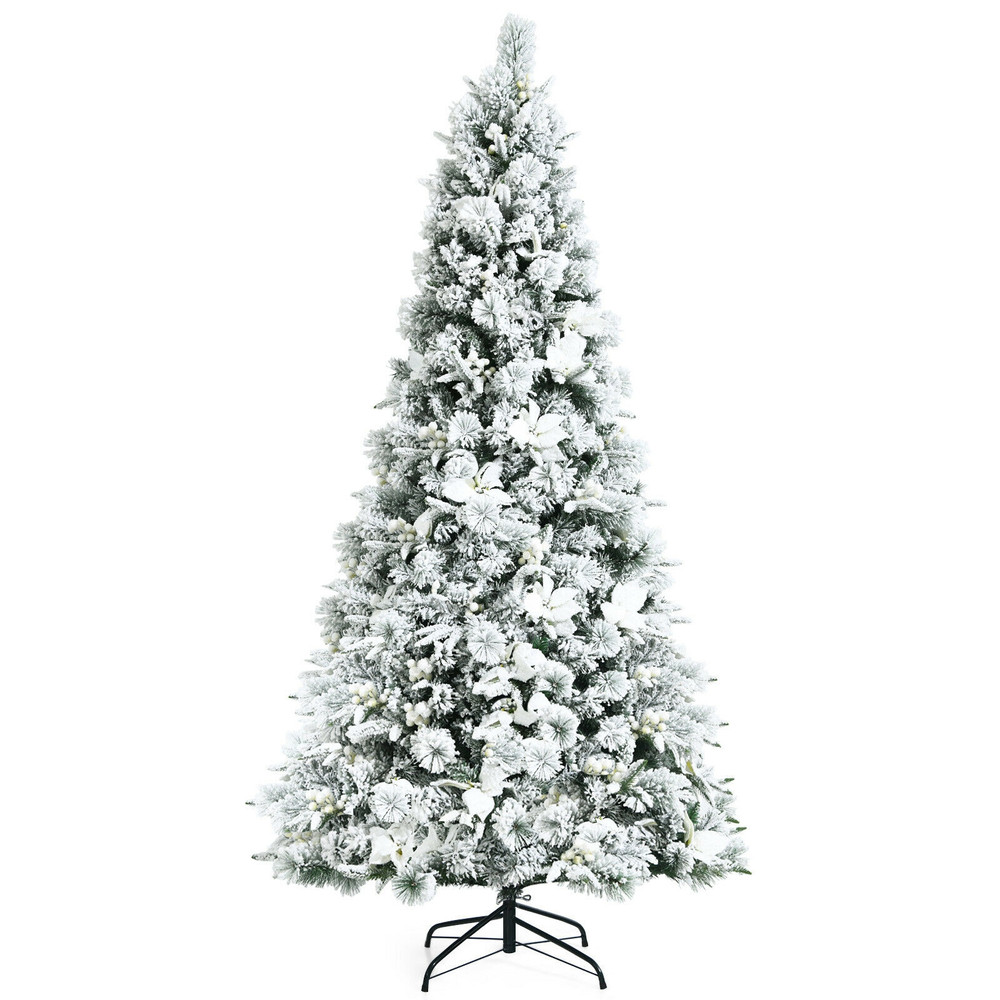 7 Feet Snow Flocked Christmas Tree with Poinsettia Flowers, White Berries, Realistic Full Artificial Tree for Decor