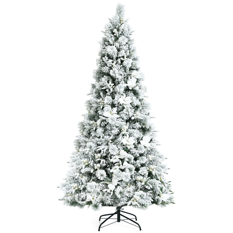 7 Feet Snow Flocked Christmas Tree with Poinsettia Flowers, White Berries, Realistic Full Artificial Tree for Decor