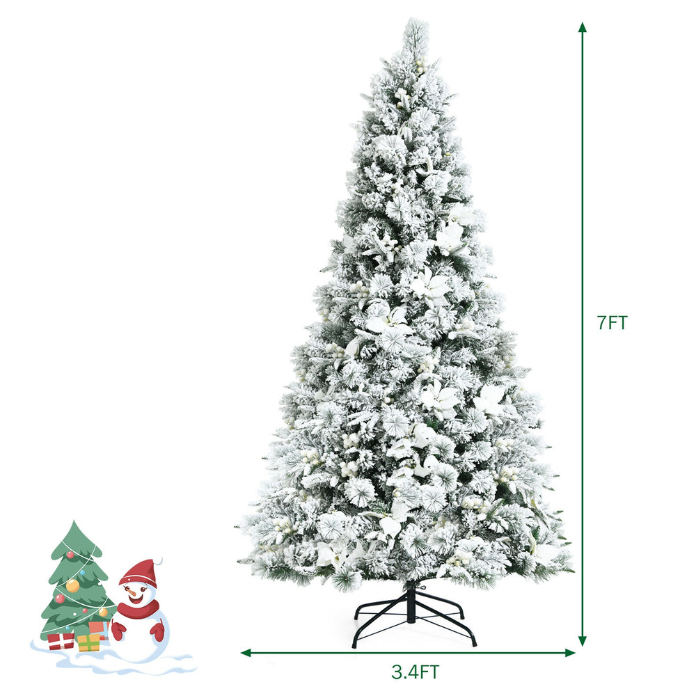 7 Feet Snow Flocked Christmas Tree with Poinsettia Flowers, White Berries, Realistic Full Artificial Tree for Decor