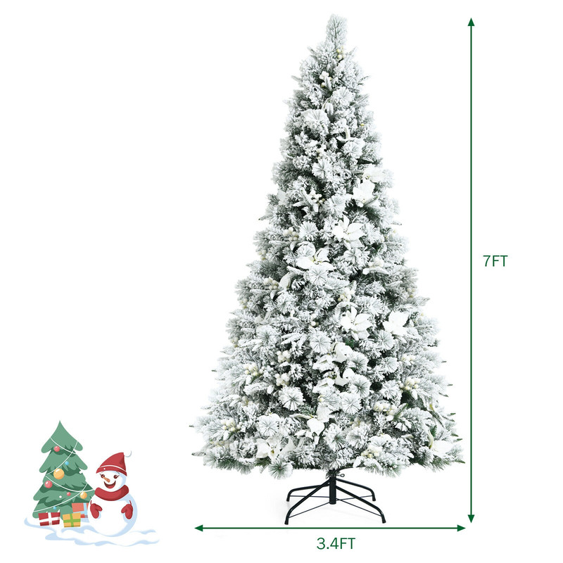 7 Feet Snow Flocked Christmas Tree with Poinsettia Flowers, White Berries, Realistic Full Artificial Tree for Decor