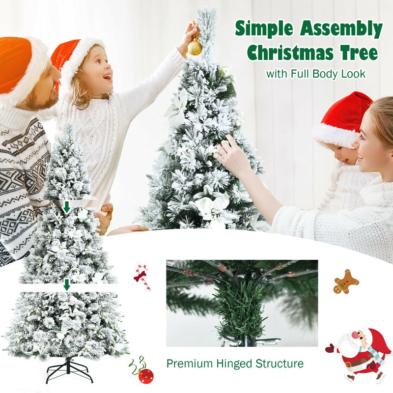 7 Feet Snow Flocked Christmas Tree with Poinsettia Flowers, White Berries, Realistic Full Artificial Tree for Decor