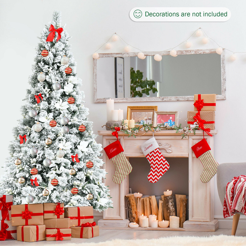 7 Feet Snow Flocked Christmas Tree with Poinsettia Flowers, White Berries, Realistic Full Artificial Tree for Decor