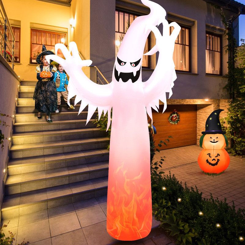 12 Ft Halloween Inflatable Ghost with LED Flame Lights, Scary Outdoor Yard Decoration with Blower & Stakes for Garden