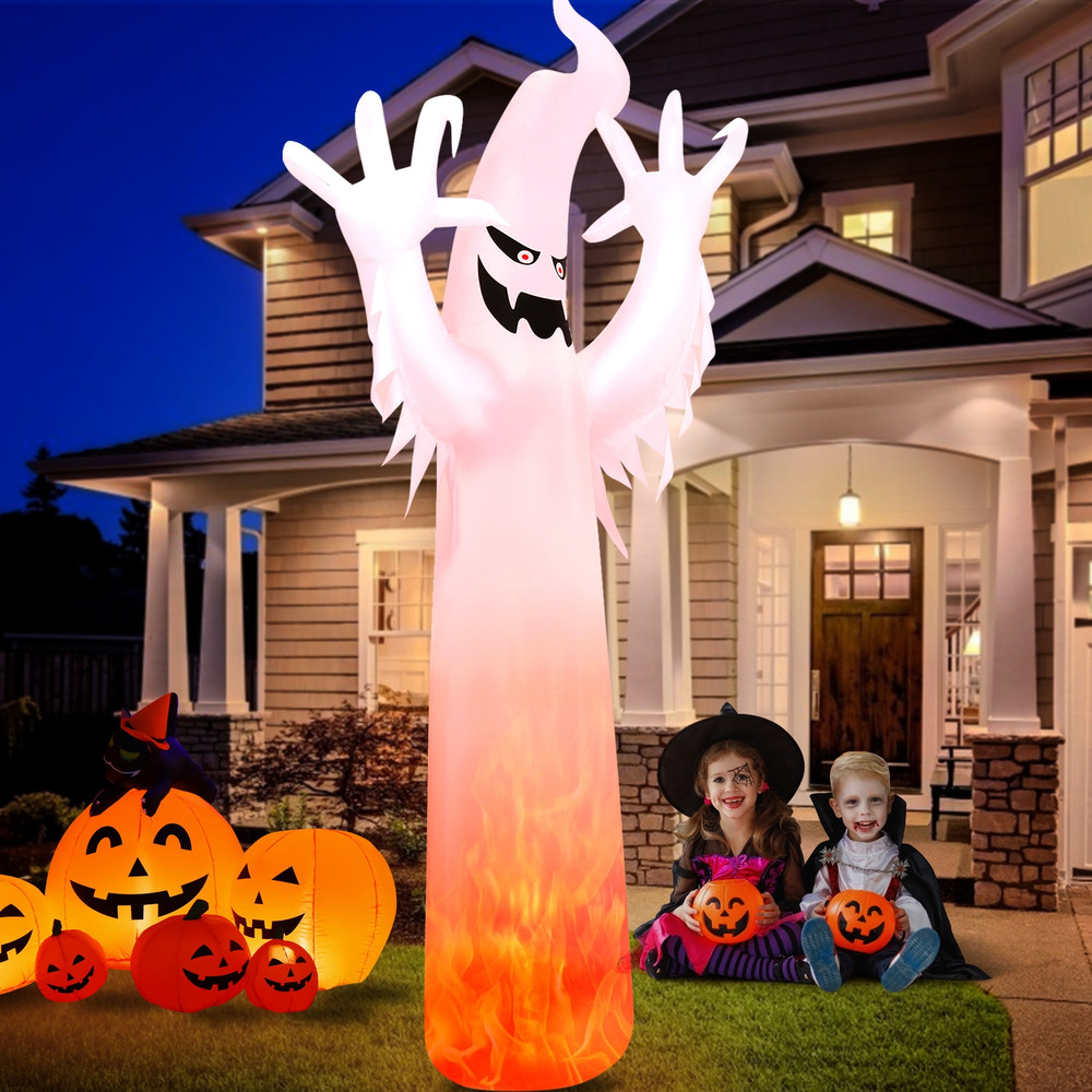 12 Ft Halloween Inflatable Ghost with LED Flame Lights, Scary Outdoor Yard Decoration with Blower & Stakes for Garden