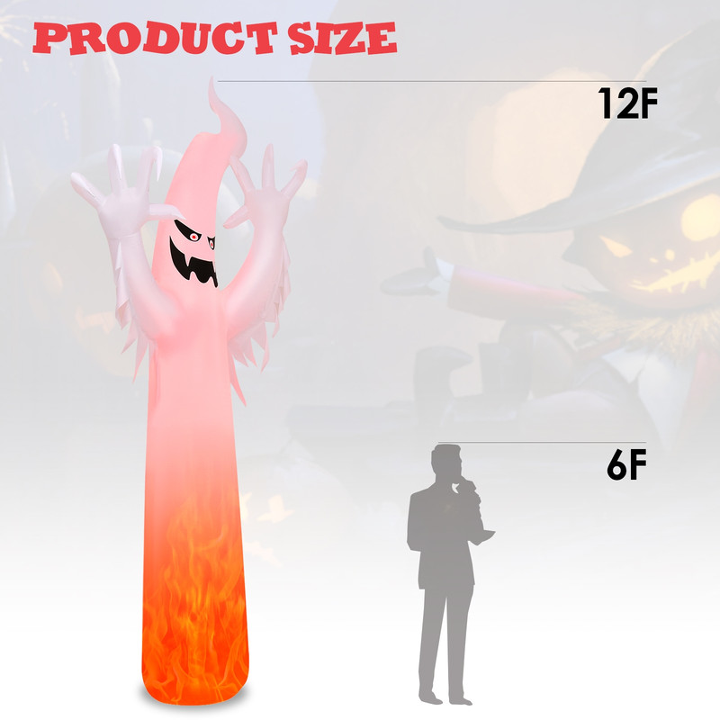 12 Ft Halloween Inflatable Ghost with LED Flame Lights, Scary Outdoor Yard Decoration with Blower & Stakes for Garden
