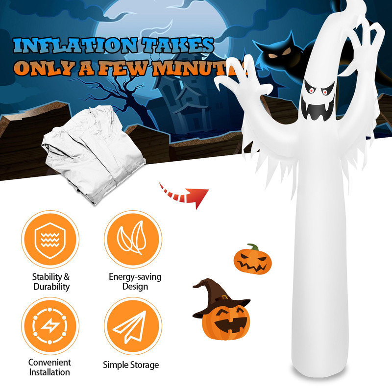 12 Ft Halloween Inflatable Ghost with LED Flame Lights, Scary Outdoor Yard Decoration with Blower & Stakes for Garden