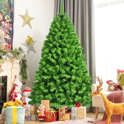 6.5ft unlit artificial christmas tree with metal stand, flocked green hinged tree for holiday home or office decoration