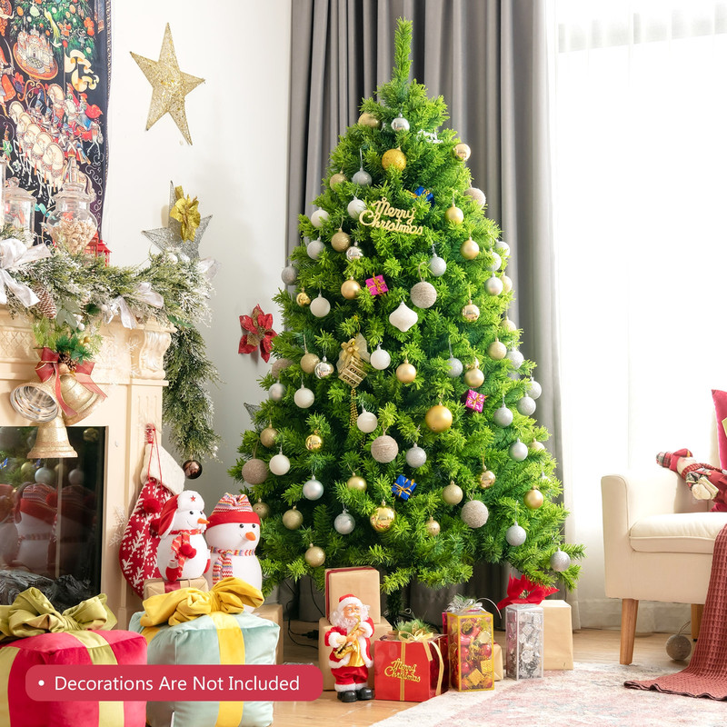 6.5FT Unlit Artificial Christmas Tree with Metal Stand, Flocked Green Hinged Tree for Holiday Home or Office Decoration