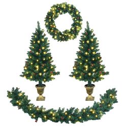 4 pieces christmas decoration set with garland, wreath & pre-lit entrance trees, indoor outdoor holiday decor