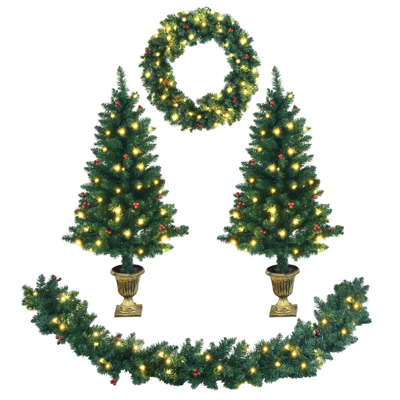 4 Pieces Christmas Decoration Set with Garland, Wreath & Pre-Lit Entrance Trees, Indoor Outdoor Holiday Decor