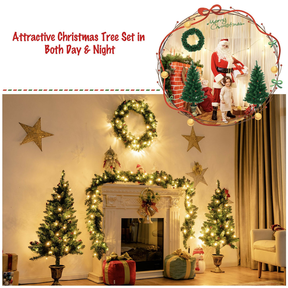4 Pieces Christmas Decoration Set with Garland, Wreath & Pre-Lit Entrance Trees, Indoor Outdoor Holiday Decor