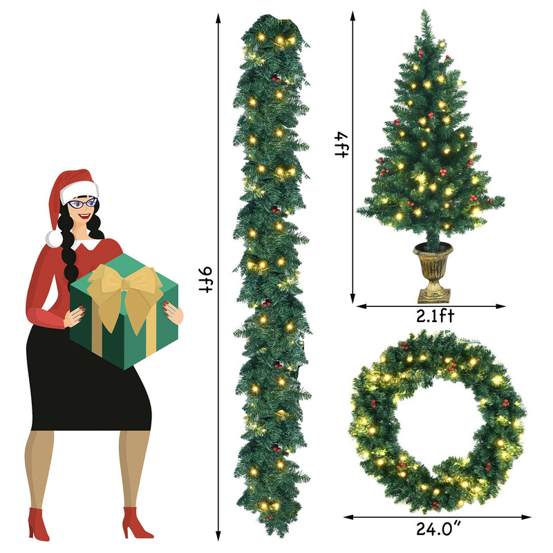 4 Pieces Christmas Decoration Set with Garland, Wreath & Pre-Lit Entrance Trees, Indoor Outdoor Holiday Decor