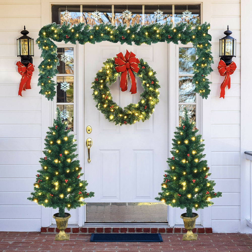 4 Pieces Christmas Decoration Set with Garland, Wreath & Pre-Lit Entrance Trees, Indoor Outdoor Holiday Decor