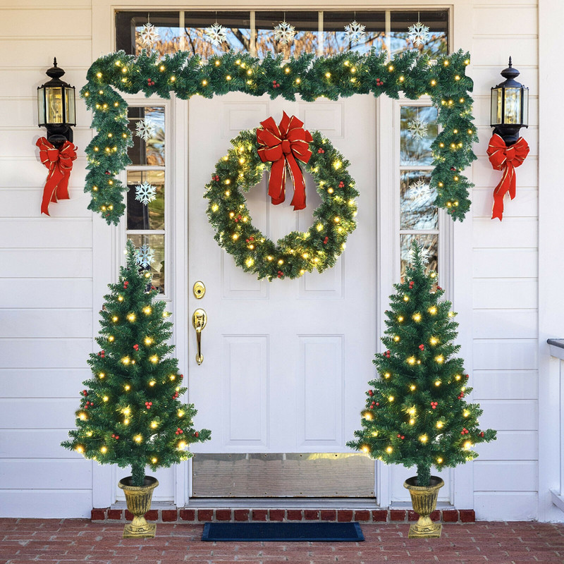 4 Pieces Christmas Decoration Set with Garland, Wreath & Pre-Lit Entrance Trees, Indoor Outdoor Holiday Decor