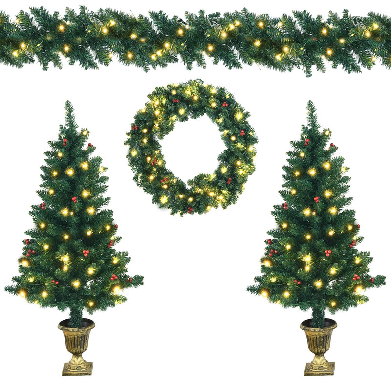 4 Pieces Christmas Decoration Set with Garland, Wreath & Pre-Lit Entrance Trees, Indoor Outdoor Holiday Decor
