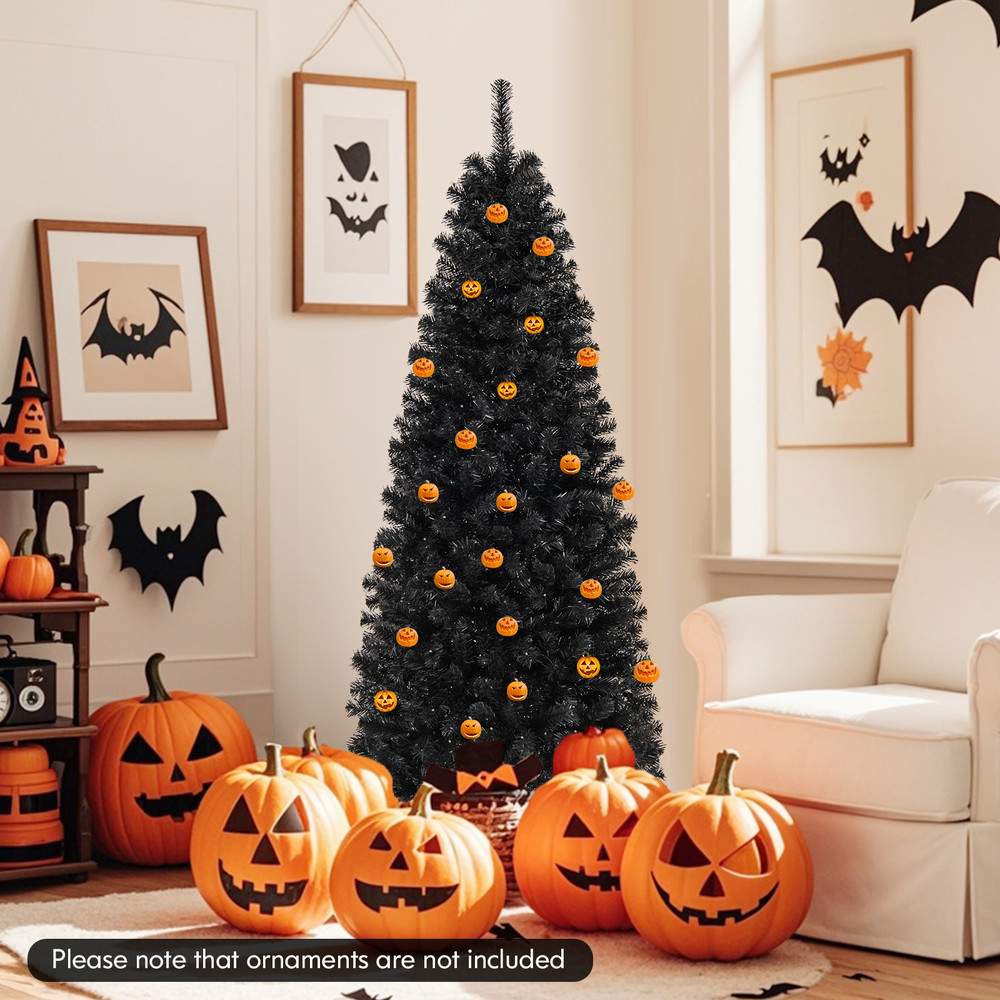 6FT Hinged Halloween Tree with PVC Branch Tips and Warm White Lights, Pre-Lit Black Pencil Tree for Indoor Haunted House