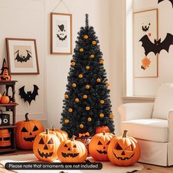 6ft hinged halloween tree with pvc branch tips and warm white lights, pre-lit black pencil tree for indoor haunted house