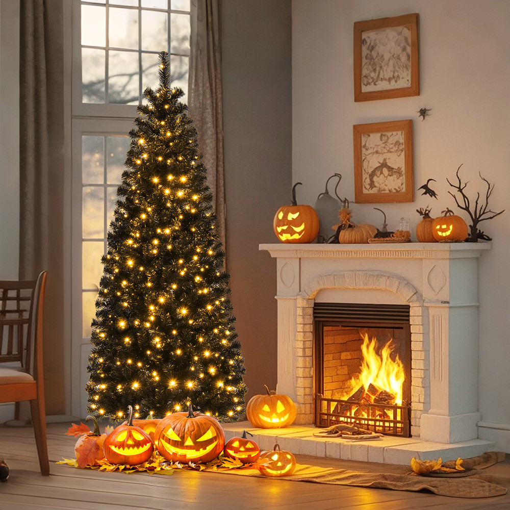 6FT Hinged Halloween Tree with PVC Branch Tips and Warm White Lights, Pre-Lit Black Pencil Tree for Indoor Haunted House