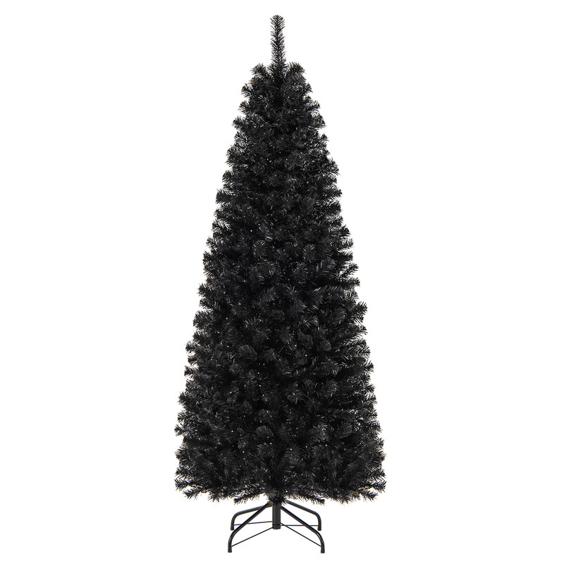 6FT Hinged Halloween Tree with PVC Branch Tips and Warm White Lights, Pre-Lit Black Pencil Tree for Indoor Haunted House