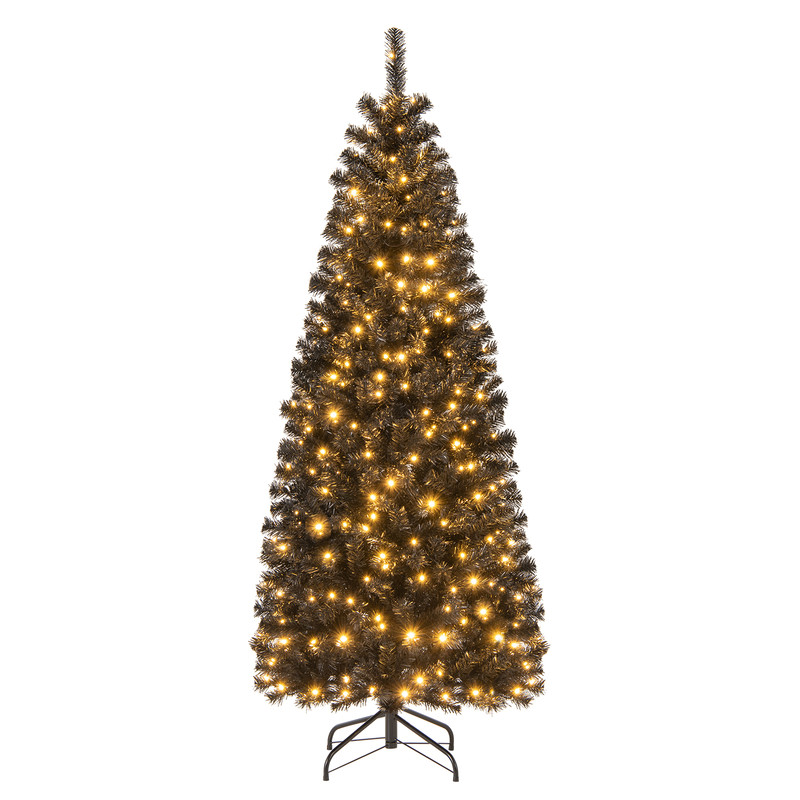 6FT Hinged Halloween Tree with PVC Branch Tips and Warm White Lights, Pre-Lit Black Pencil Tree for Indoor Haunted House
