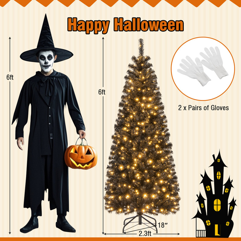 6FT Hinged Halloween Tree with PVC Branch Tips and Warm White Lights, Pre-Lit Black Pencil Tree for Indoor Haunted House