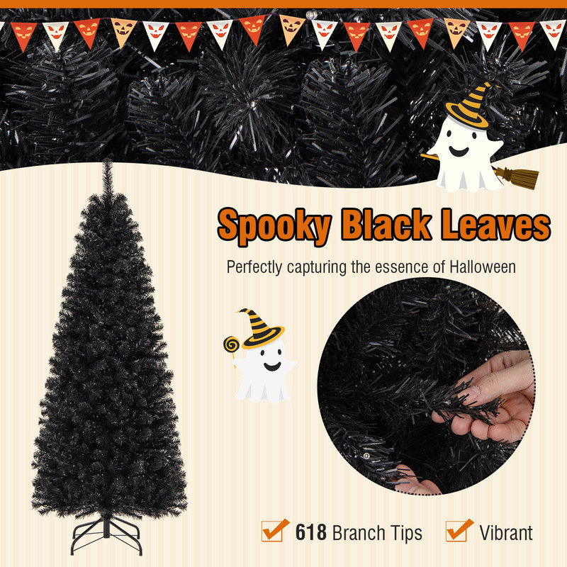 6FT Hinged Halloween Tree with PVC Branch Tips and Warm White Lights, Pre-Lit Black Pencil Tree for Indoor Haunted House