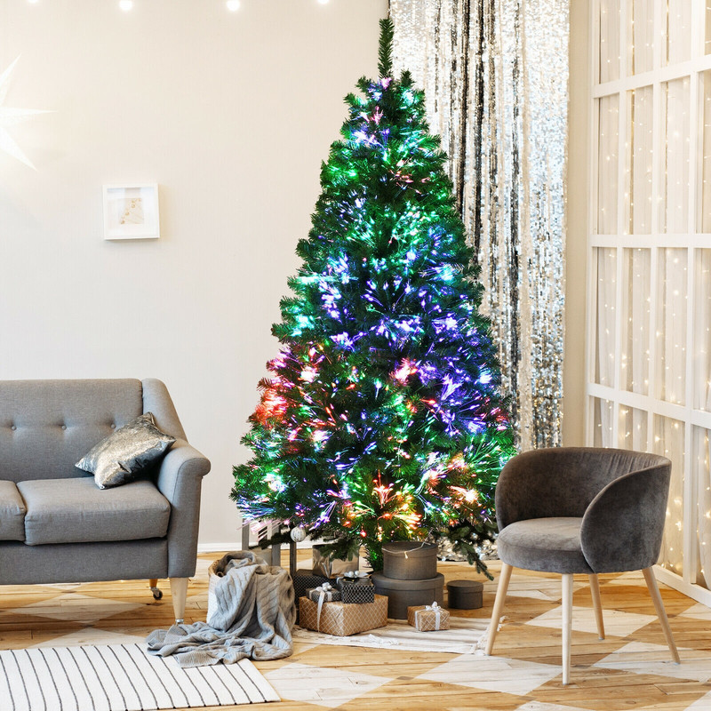 7FT Artificial Christmas Tree with Multi-Colored Fiber Optic Lights, Pre-Lit Spruce Tree for Indoor Holiday, Home Decor