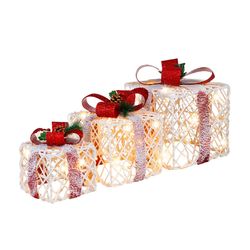 set of 3 christmas lighted gift boxes decorations with red bowknots, led holiday present boxes for indoor outdoor yard