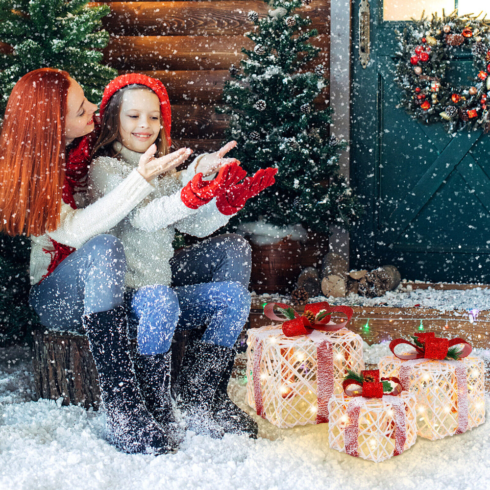 Set of 3 Christmas Lighted Gift Boxes Decorations with Red Bowknots, LED Holiday Present Boxes for Indoor Outdoor Yard