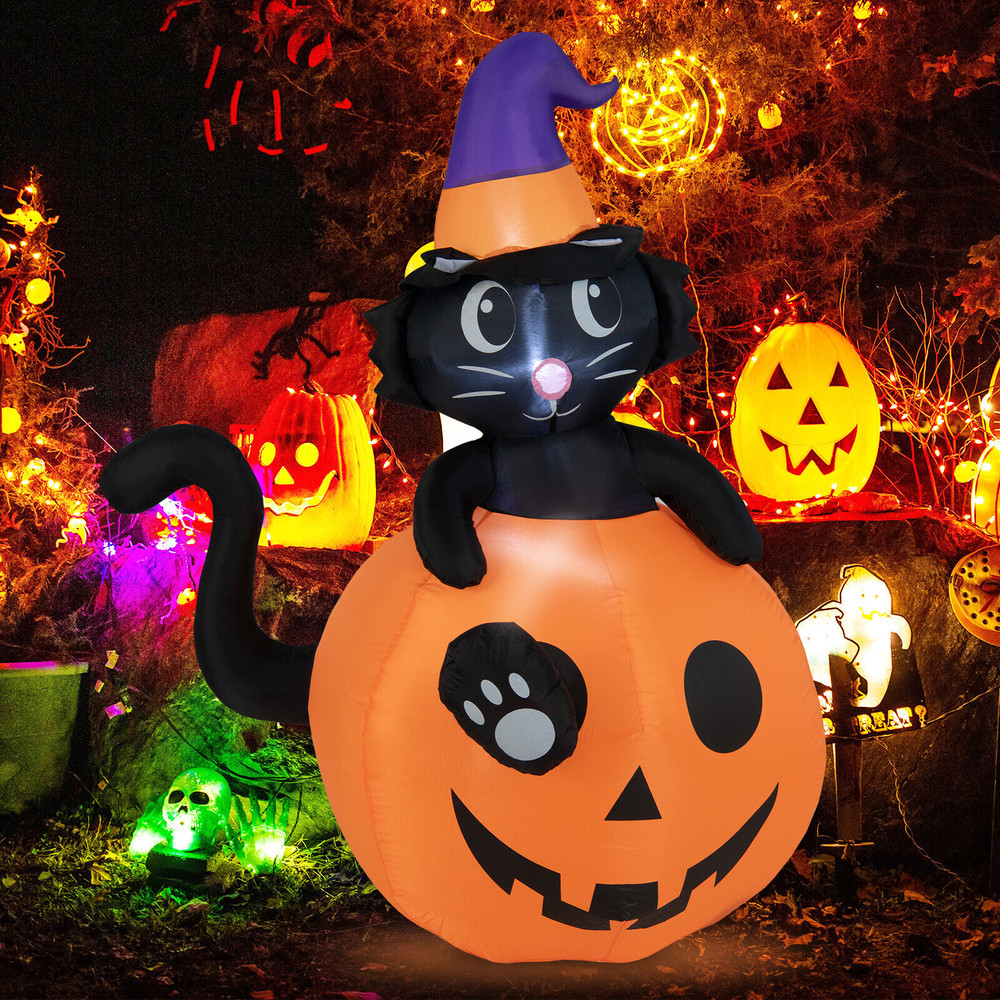 5FT Lighted Inflatable Halloween Pumpkin with Witch Black Cat, Outdoor Yard Lawn Decor with Built-in Blower & LED Light