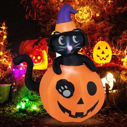 5ft lighted inflatable halloween pumpkin with witch black cat, outdoor yard lawn decor with built-in blower & led light