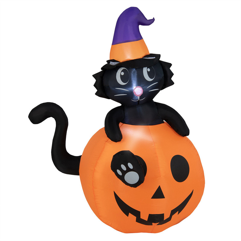 5FT Lighted Inflatable Halloween Pumpkin with Witch Black Cat, Outdoor Yard Lawn Decor with Built-in Blower & LED Light