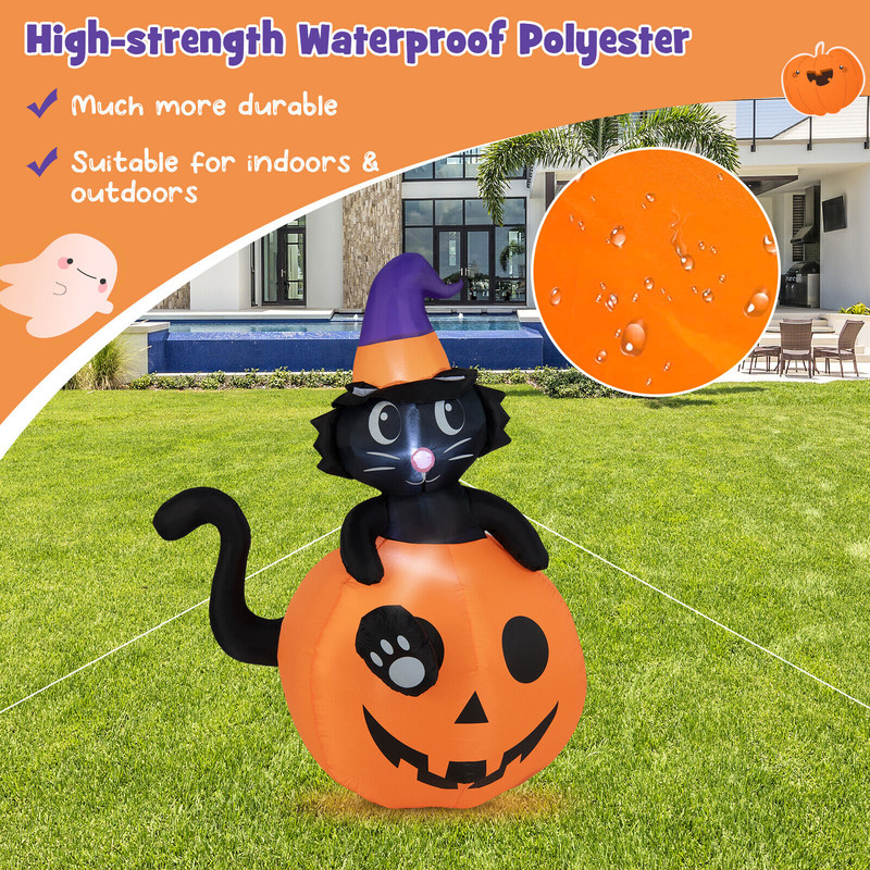 5FT Lighted Inflatable Halloween Pumpkin with Witch Black Cat, Outdoor Yard Lawn Decor with Built-in Blower & LED Light