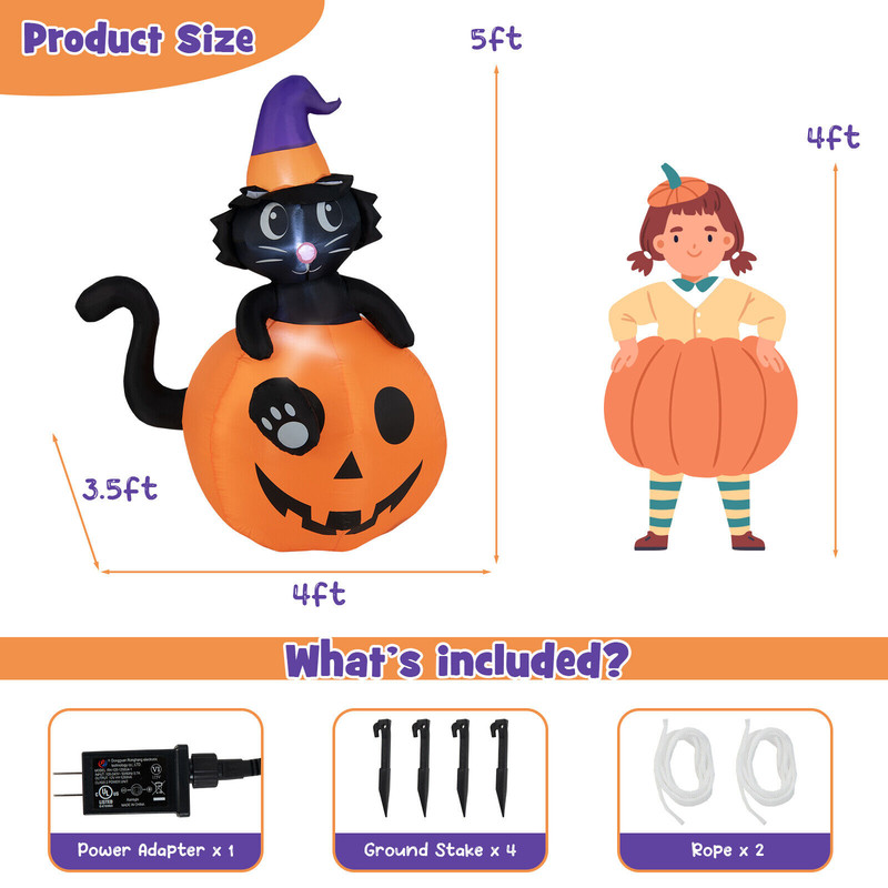 5FT Lighted Inflatable Halloween Pumpkin with Witch Black Cat, Outdoor Yard Lawn Decor with Built-in Blower & LED Light