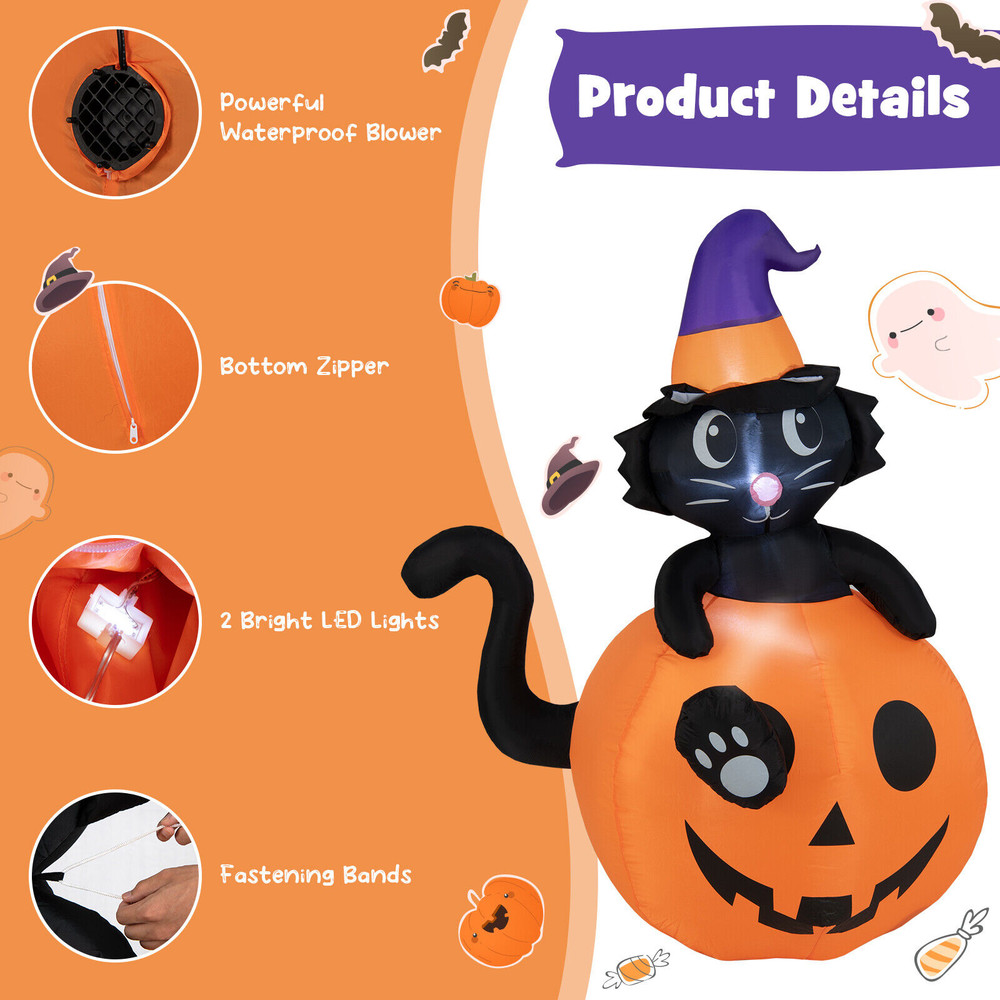 5FT Lighted Inflatable Halloween Pumpkin with Witch Black Cat, Outdoor Yard Lawn Decor with Built-in Blower & LED Light