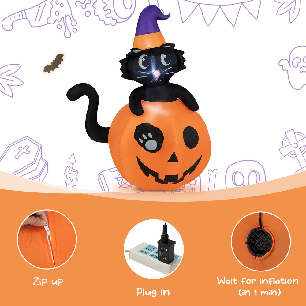 5FT Lighted Inflatable Halloween Pumpkin with Witch Black Cat, Outdoor Yard Lawn Decor with Built-in Blower & LED Light