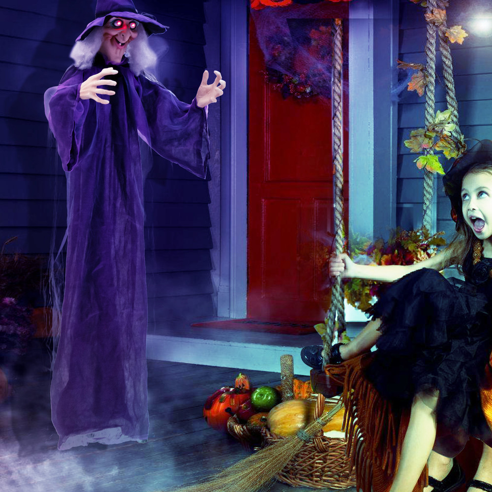 6FT Hanging Halloween Decoration with Pre-Recorded Phrases, Animated Witch with Motion Sensor, Glowing Eyes, and Creepy