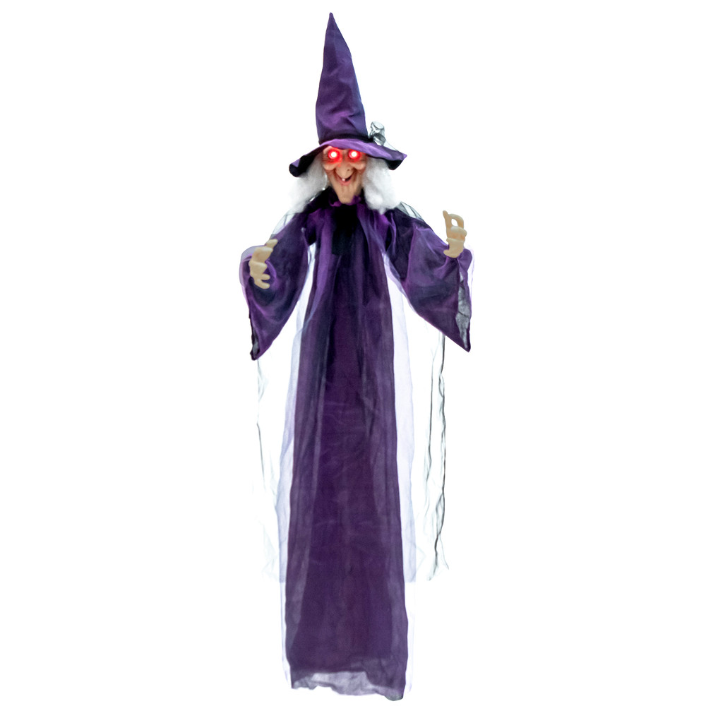 6FT Hanging Halloween Decoration with Pre-Recorded Phrases, Animated Witch with Motion Sensor, Glowing Eyes, and Creepy