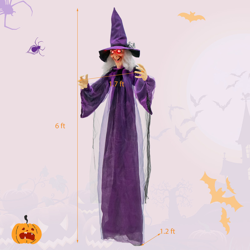 6FT Hanging Halloween Decoration with Pre-Recorded Phrases, Animated Witch with Motion Sensor, Glowing Eyes, and Creepy