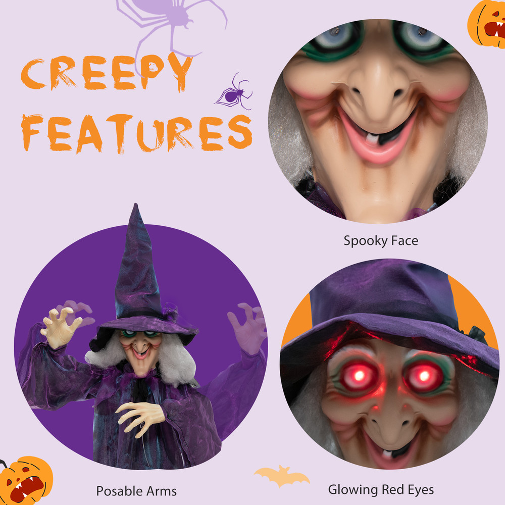 6FT Hanging Halloween Decoration with Pre-Recorded Phrases, Animated Witch with Motion Sensor, Glowing Eyes, and Creepy
