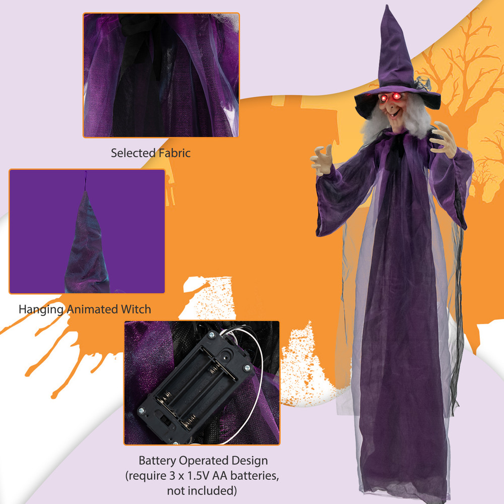 6FT Hanging Halloween Decoration with Pre-Recorded Phrases, Animated Witch with Motion Sensor, Glowing Eyes, and Creepy