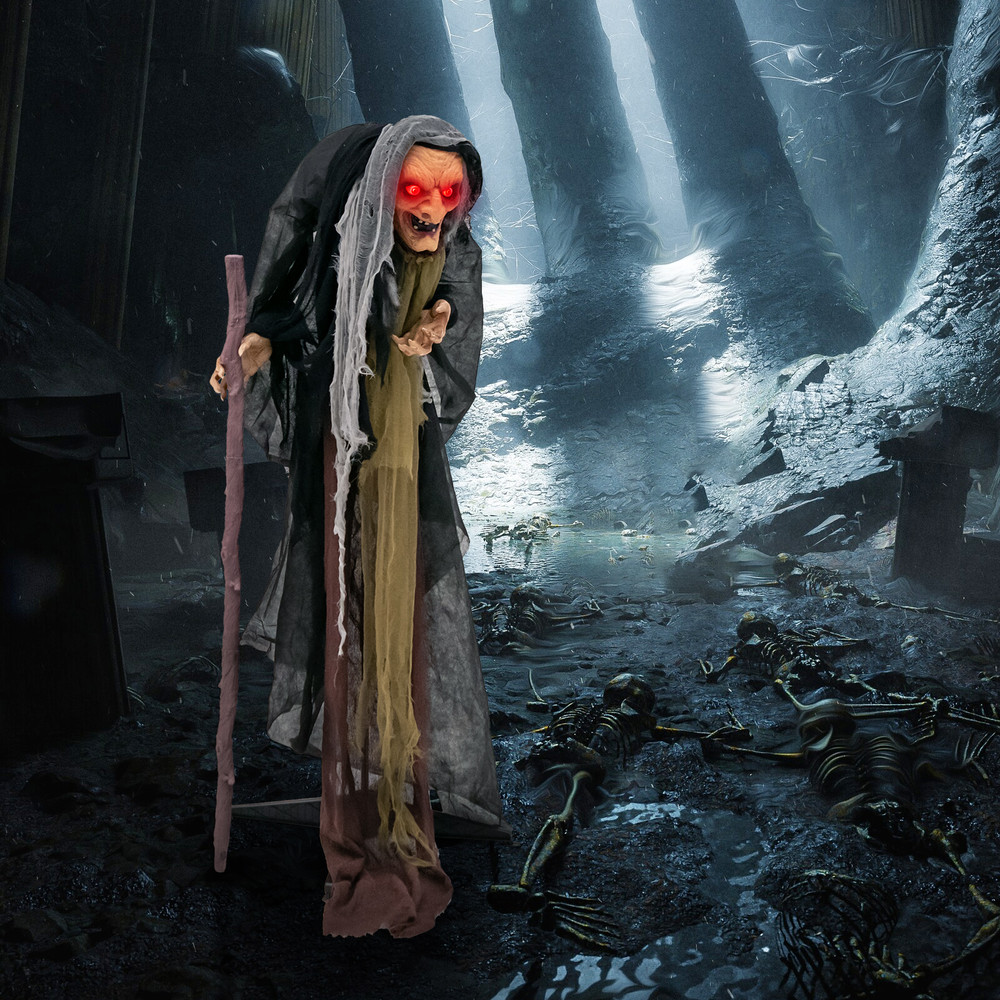 5FT Life Size Animatronic Witch Halloween Prop with Pre-Recorded Scary Phrases, Motion Sound Sensor, Indoor Outdoor