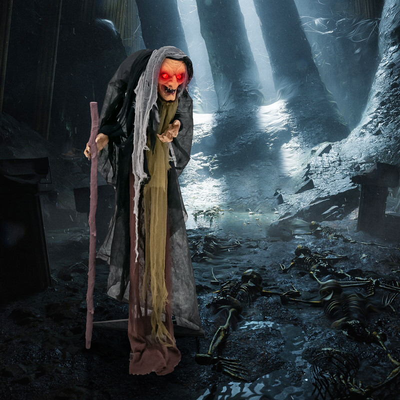 5FT Life Size Animatronic Witch Halloween Prop with Pre-Recorded Scary Phrases, Motion Sound Sensor, Indoor Outdoor