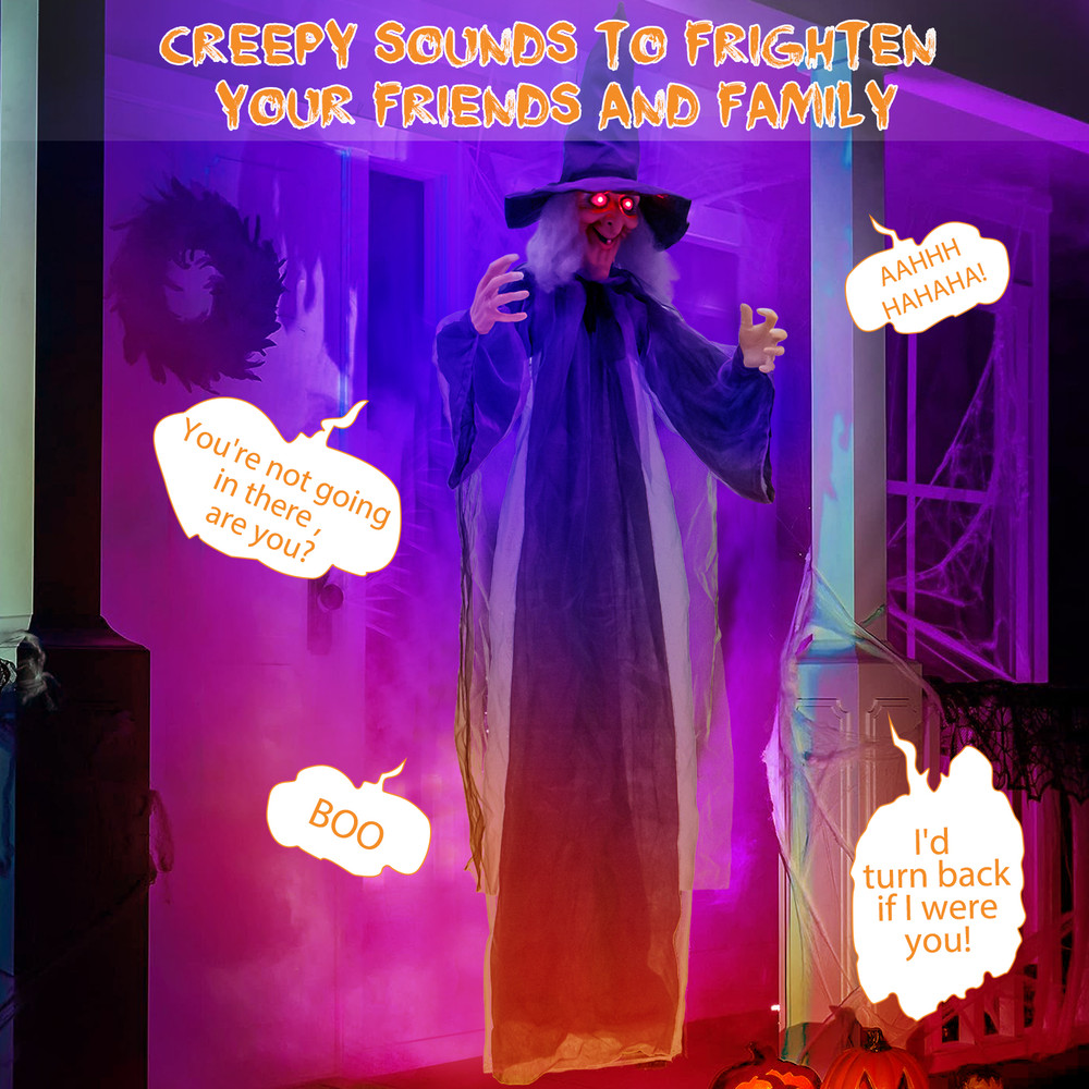 6FT Hanging Halloween Decoration with Pre-Recorded Phrases, Animated Witch with Motion Sensor, Glowing Eyes, and Creepy