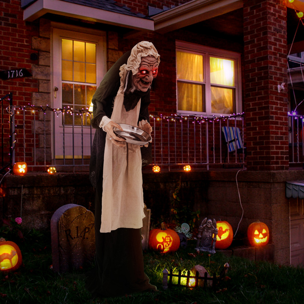 5.2 Feet Halloween Animated Standing Greeter Old Lady with Candy Dish, Life-Size Motion Sensor Prop for Scary Decor