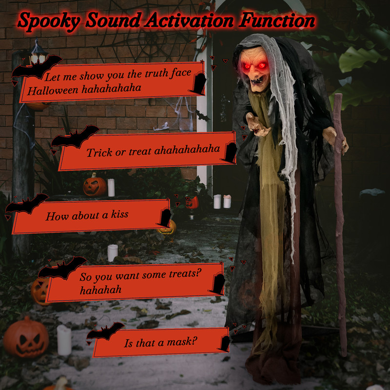 5FT Life Size Animatronic Witch Halloween Prop with Pre-Recorded Scary Phrases, Motion Sound Sensor, Indoor Outdoor