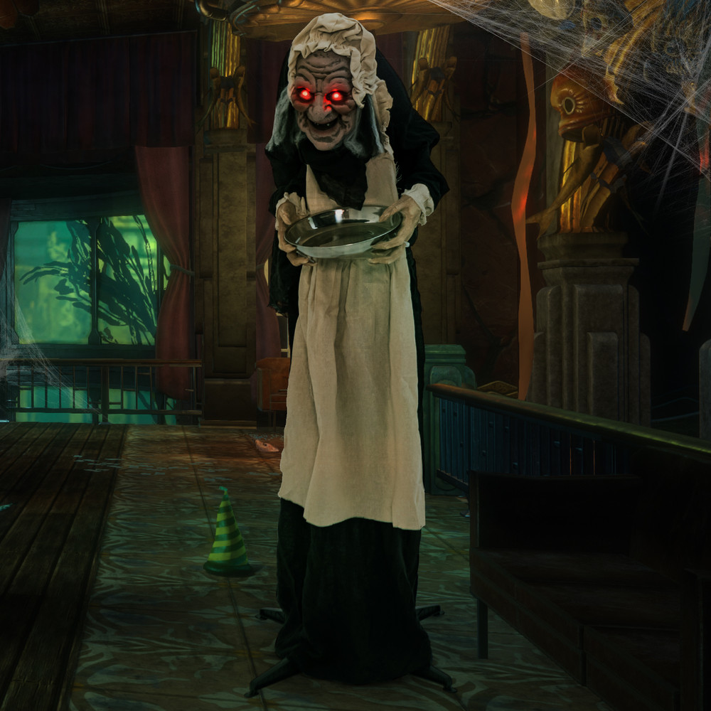 5.2 Feet Halloween Animated Standing Greeter Old Lady with Candy Dish, Life-Size Motion Sensor Prop for Scary Decor